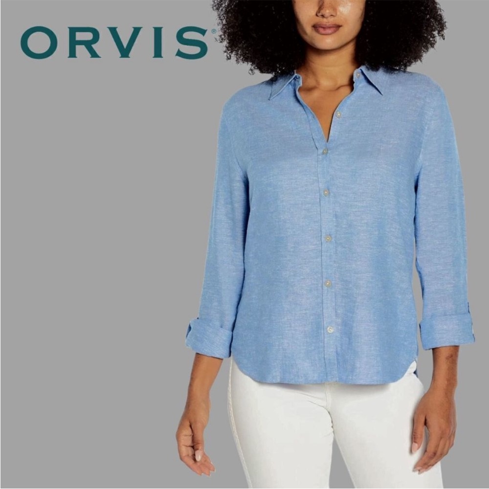 ORVIS Chambray blue Linen blend Shirt button down roll up sleeve XXL